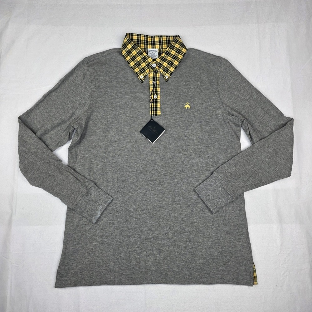 Brooks Brothers Slim Fit Tartan‎ Collar Long-Sleeve Polo Medium Heather Gray New